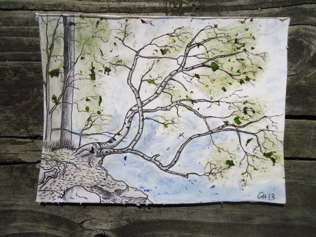 Pen, Pencil, Flowers, Leaves, and Bark on Chipboard